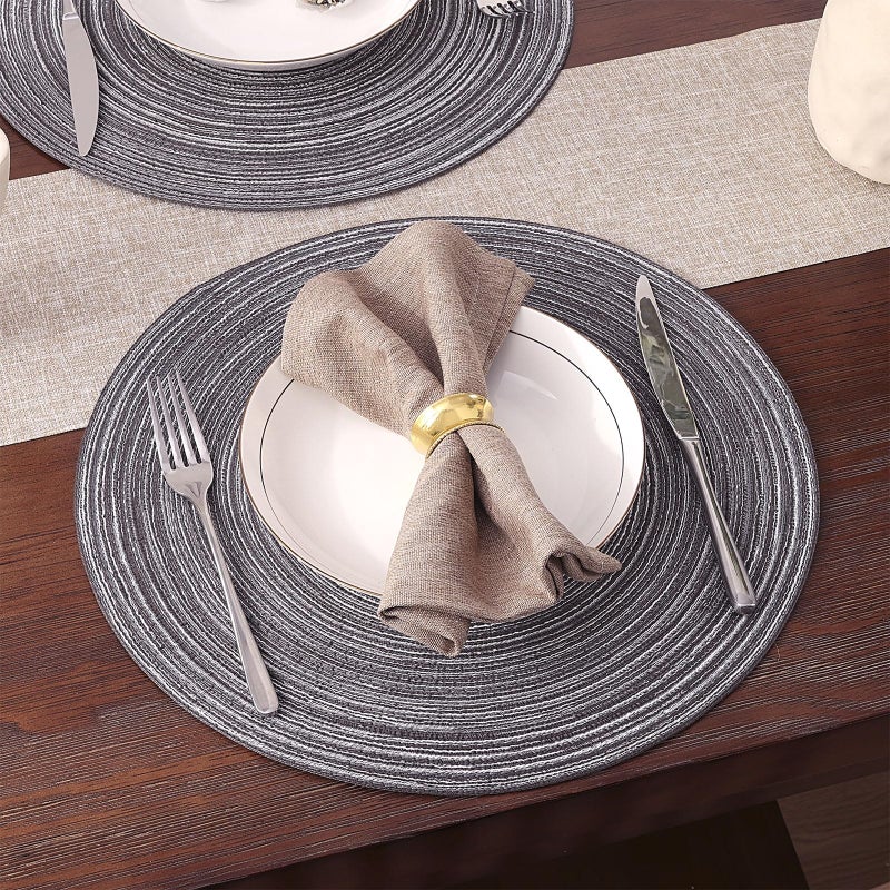 SHACOS Round Braided Placemats Set of 8 Round Table Mats for Dining Tables Non Slip Washable (Black Grey, 8) - Image 3